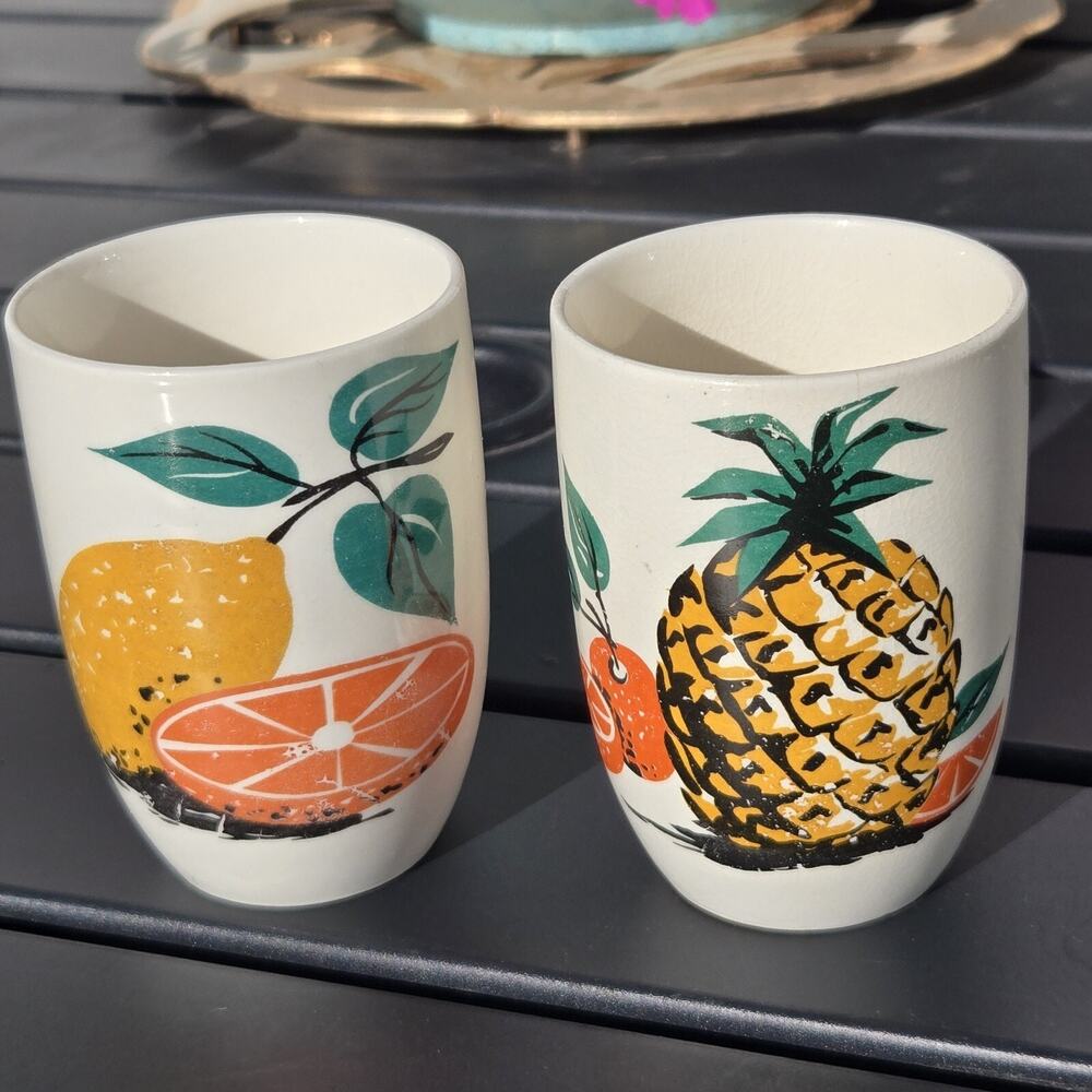 RARE Vintage Japanese Sake Cup Ceramic‎ Set of 2 Two Pineapple Citrus Fruits